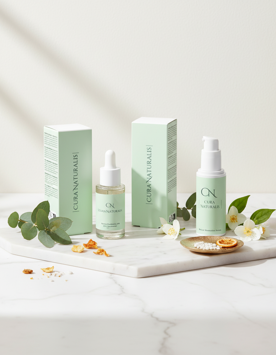 Imagem de fundo luxuosa com produtos CuraNaturalis - versão atualizada